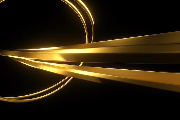 Fondo dorado oscuro, figura abstracta, lujosas formas doradas, sobre un fondo negro. Ondas de oro, líneas de metal, fondo elegante, diseño geométrico. Render 3D, ilustración 3D.