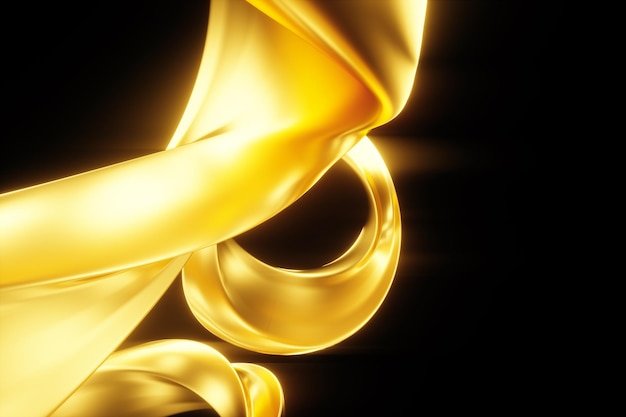 Fondo dorado oscuro, figura abstracta, lujosas formas doradas, sobre un fondo negro. Ondas de oro, líneas de metal, fondo elegante, diseño geométrico. Render 3D, ilustración 3D.