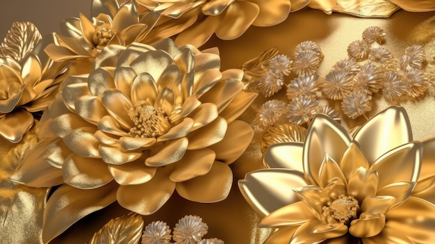 Un fondo dorado y plateado con flores y hojas.