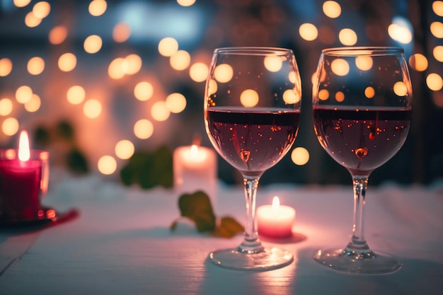 Fondo dos copas con vino Cena en el restaurante Ambiente romántico