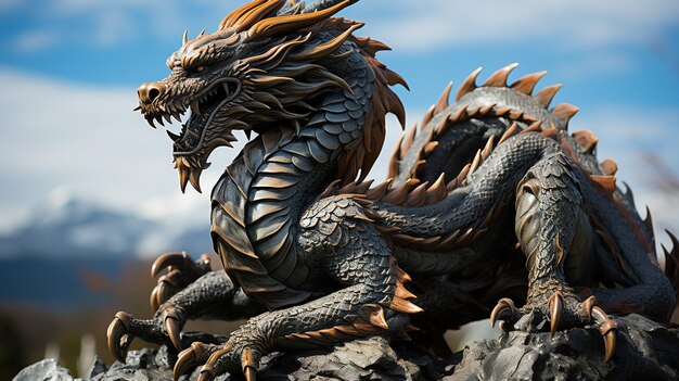 Foto fondo de un dragón chino en una roca con un cielo despejado