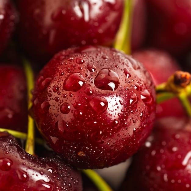 Fondo de dulce cereza roja fresca húmeda, imagen macro