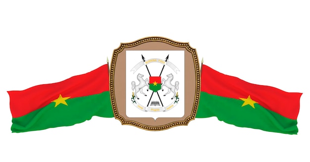 Fondo para editores y diseñadores Fiesta nacional Ilustración 3D Bandera y escudo de armas de Burkina Faso