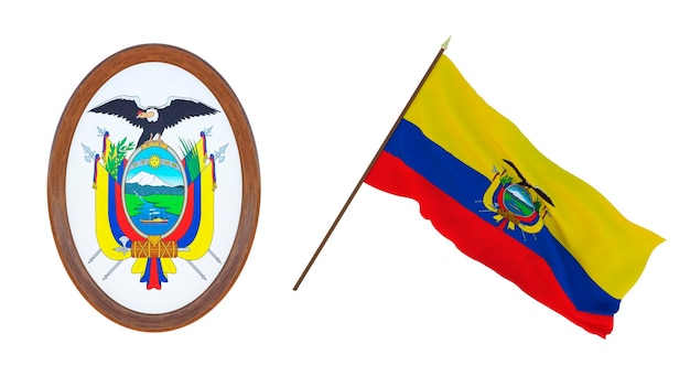 Fondo para editores y diseñadores Fiesta nacional Ilustración 3D Bandera y escudo de armas de Ecuador