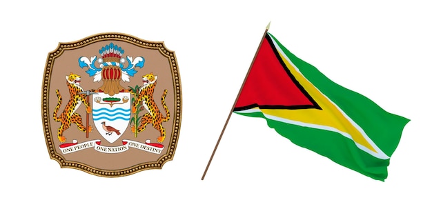 Fondo para editores y diseñadores Fiesta nacional Ilustración 3D Bandera y escudo de armas de Guyana