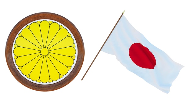 Fondo para editores y diseñadores Fiesta nacional Ilustración 3D Bandera y escudo de armas de Japón