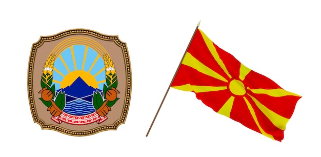 Fondo para editores y diseñadores Fiesta nacional Ilustración 3D Bandera y escudo de armas de Macedonia