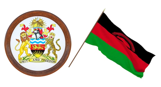 Fondo para editores y diseñadores Fiesta nacional Ilustración 3D Bandera y escudo de armas de Malawi