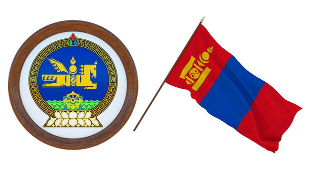 Fondo para editores y diseñadores Fiesta nacional Ilustración 3D Bandera y escudo de armas de Mongolia