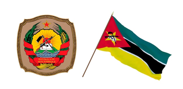 Fondo para editores y diseñadores Fiesta nacional Ilustración 3D Bandera y escudo de armas de Mozambique