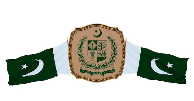 Fondo para editores y diseñadores Fiesta nacional Ilustración 3D Bandera y escudo de armas de Pakistán