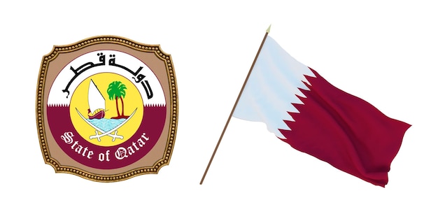 Fondo para editores y diseñadores Fiesta nacional Ilustración 3D Bandera y escudo de armas de Qatar