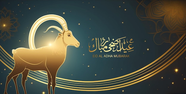 Fondo de eid al adha con cabra brillante y caligrafía árabe