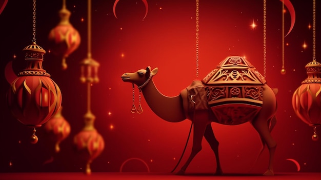 Fondo de eid al adha con camello 3d generativo ai