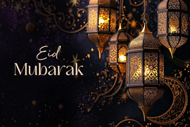Fondo de Eid Mubarak con linternas doradas árabes en la oscuridad
