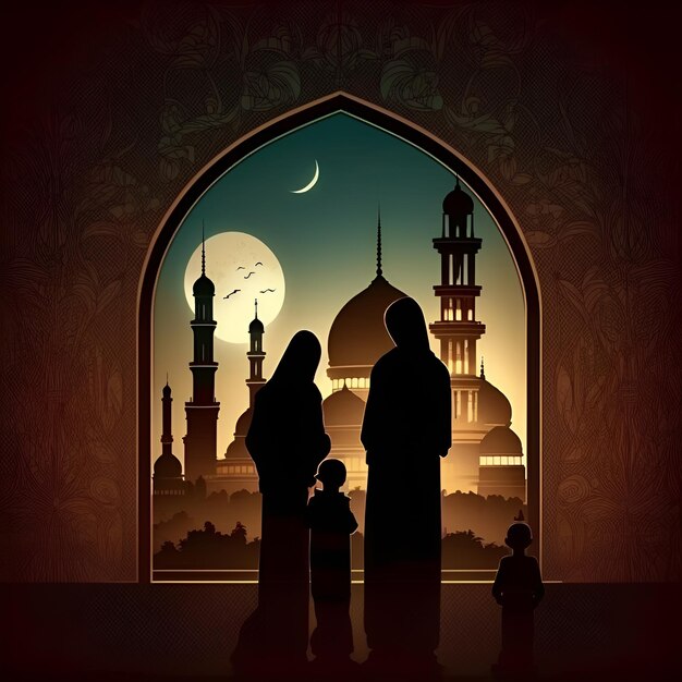 Fondo de Eid Mubarak Mezquita a la luz de la luna por la noche