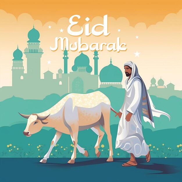 Foto fondo de eid mubarak poster de las redes sociales del día de eid un hombre musulmán con una vaca