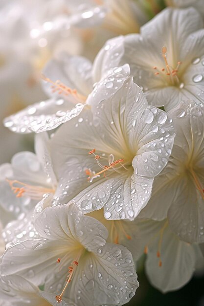 un fondo con elegantes flores blancas y suaves gotas de rocío