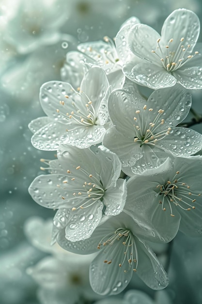 un fondo con elegantes flores blancas y suaves gotas de rocío