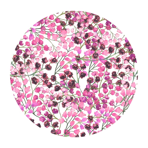 Foto fondo de elementos florales en colores rosas en forma de círculo estampado en acuarela de pequeños elementos florales