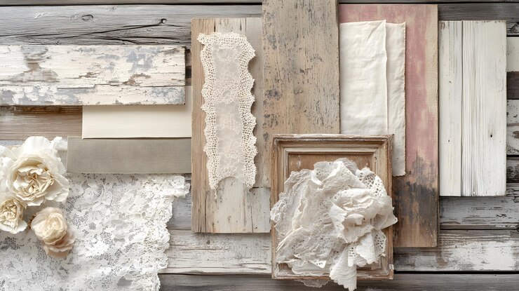 Fondo de encaje blanco vintage y textura de madera