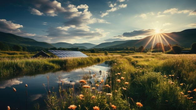 fondo de energía renovable con energía verde como turbinas eólicas y paneles solares