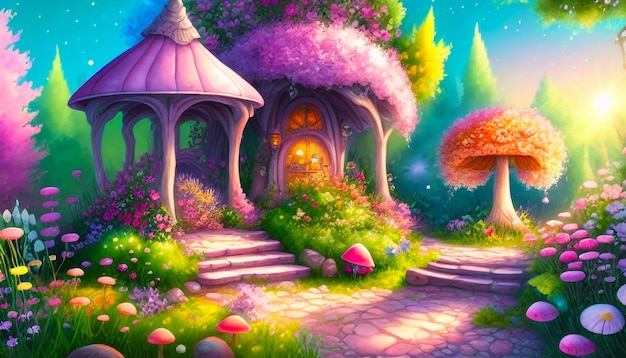 fondo de ensueño de dibujos animados con un paisaje caprichoso de Candy Land usando colores pastel de acuarela