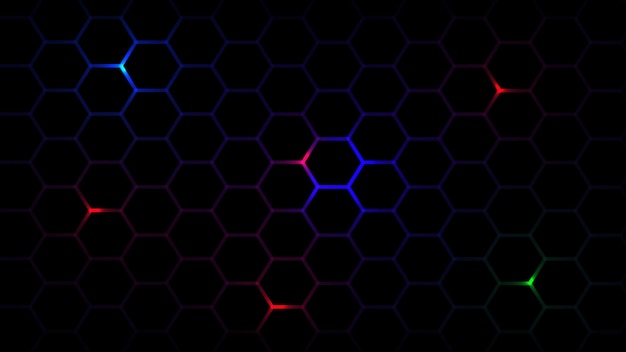 Fondo de eps de panal de color negro hexagonal con fondo de ilustración de vector de luz de color azul rojo y verde