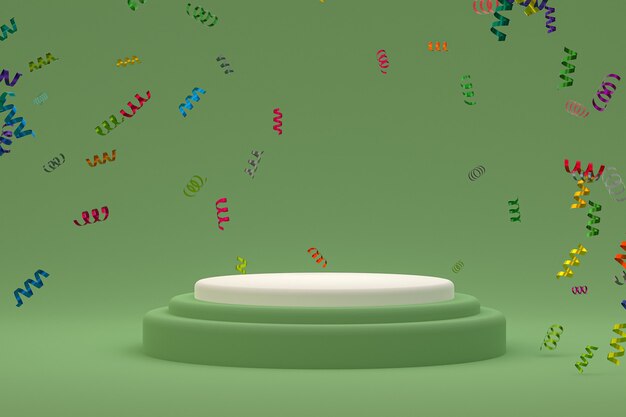Fondo de escena abstracta con podio blanco sobre fondo geen, confeti y confeti para presentación de productos cosméticos