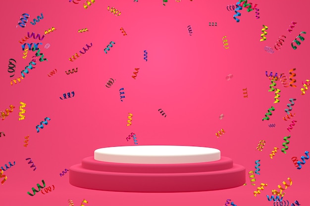 Fondo de escena abstracta con podio blanco sobre fondo rosa, confeti y confeti para presentación de productos cosméticos