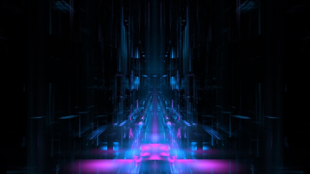 Fondo de escena de escaparate futurista de color. Fondo de escaparate de reflexión fantástica de neón oscuro moderno, elementos brillantes brillantes. renderizado 3d