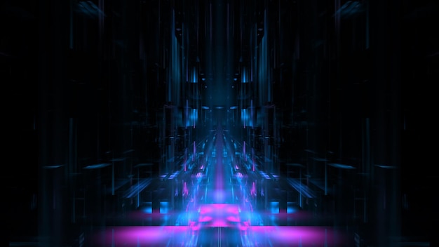 Fondo de escena de escaparate futurista de color. Fondo de escaparate de reflexión fantástica de neón oscuro moderno, elementos brillantes brillantes. renderizado 3d