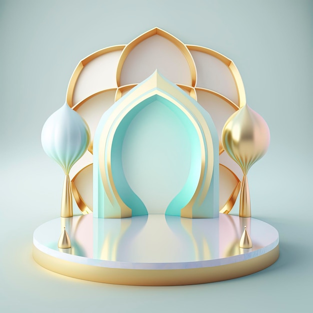 Fondo de escena islámica 3d realista efecto de color de diamante brillante con puerta de mezquita para podio y escenario de exhibición de productos