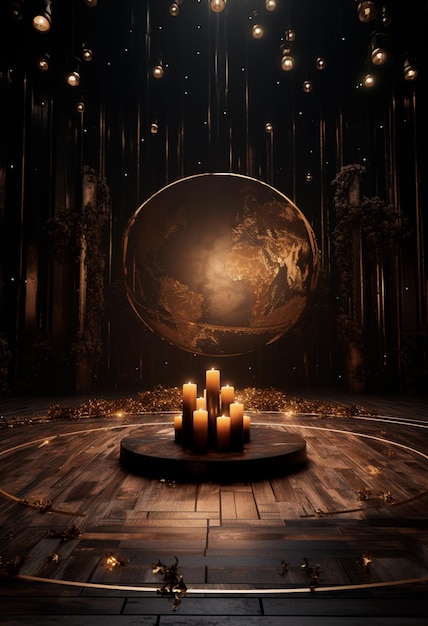 Fondo del escenario con una gran luz circular al estilo de bronce oscuro y dorado.