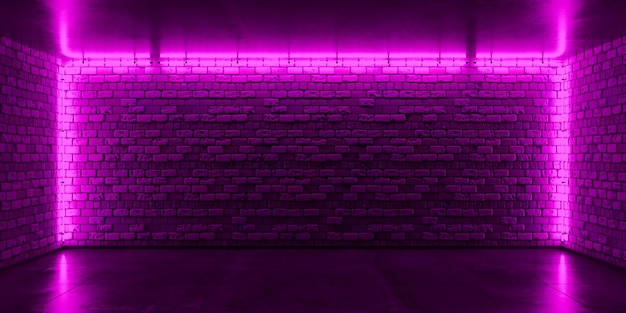 Fondo de escenario de pared de ladrillo luz de neón rosa Ilustración 3d de sala de neón