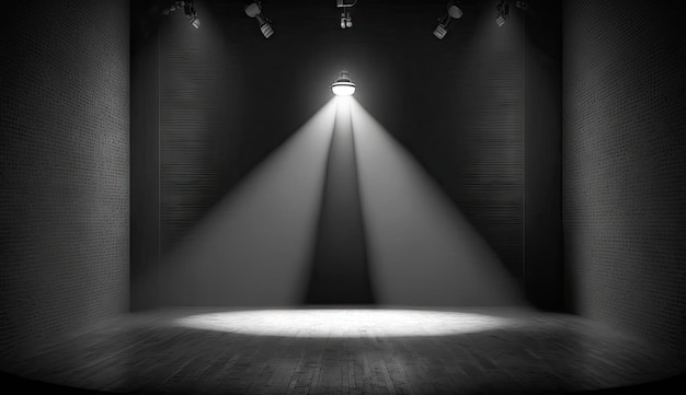 Fondo de escenario vacío de estudio con haz de luz puntual que brilla en el stand de concierto de fondo Ai generativo