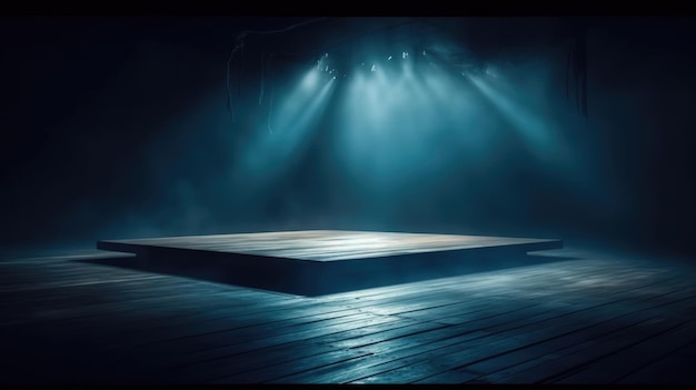 Fondo de escenario vacío haces de luz proyector retroiluminación escena podio niebla clara nubes de color azul