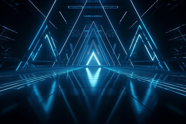 El fondo del escenario vacío muestra la luz de neón y el láser muestra las formas futuristas del láser sobre un fondo oscuro luz de neón azul