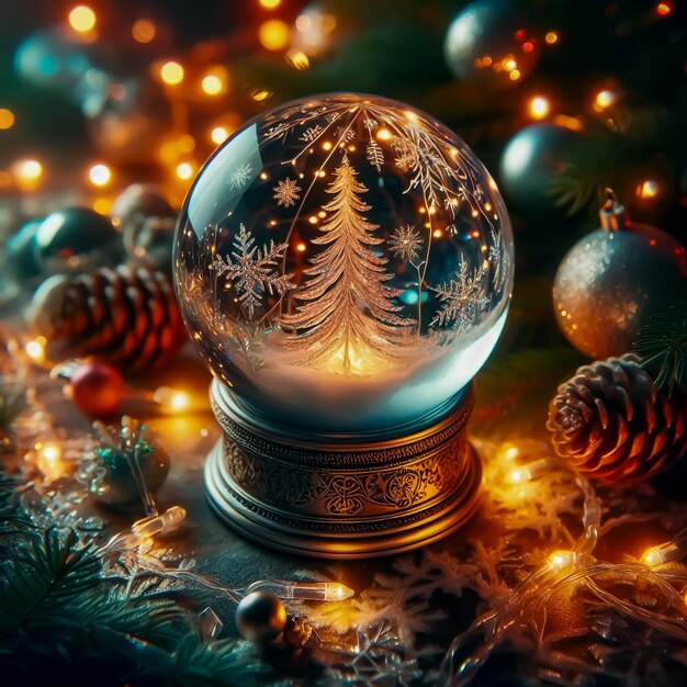 Foto fondo de esfera de navidad con árbol de vidrio en el interior