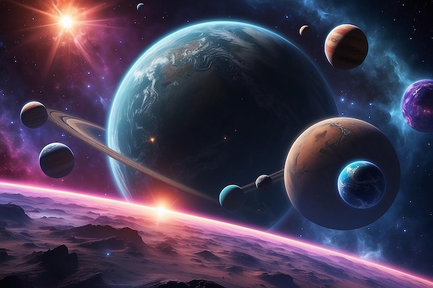 Foto fondo espacial en 3d con planetas y nebulosas ficticios