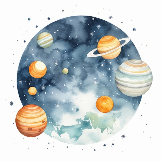 Fondo espacial de acuarela con planetas y estrellas