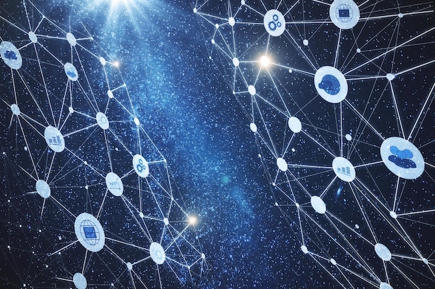 Fondo espacial de cielo estrellado abstracto con interfaz de negocio poligonal digital Concepto de futuro e innovación Doble exposición