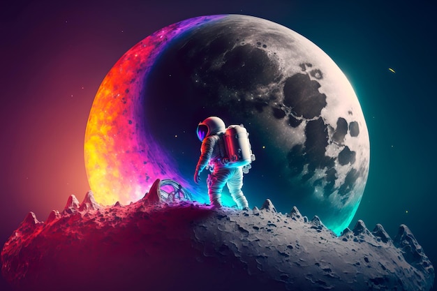 Fondo espacial colorido Astronauta en un cohete en el fondo de la luna y el espacio