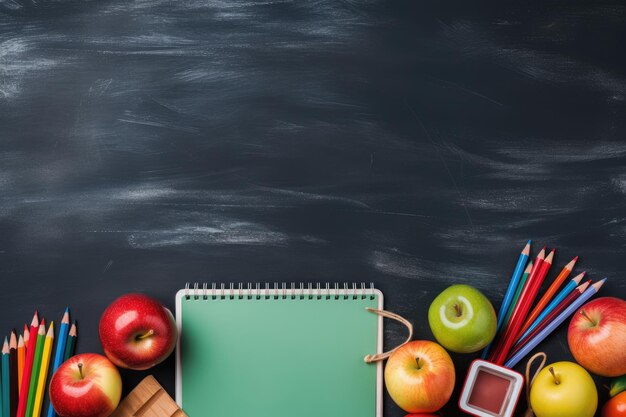 Fondo de espacio en blanco de pizarra oscura con crayones y cuaderno de regreso a la escuela Generativo ai