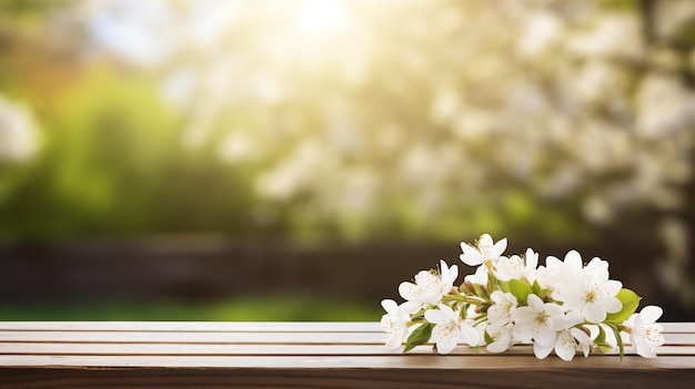 Fondo con espacio de copia y flores blancas en una superficie de madera