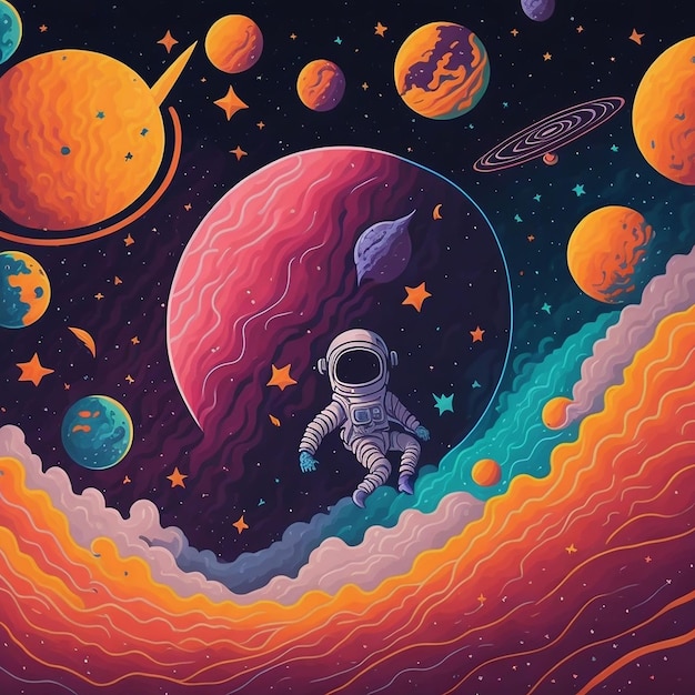 Fondo de espacio de estilo pop art de planetas y asteroides de arte digital
