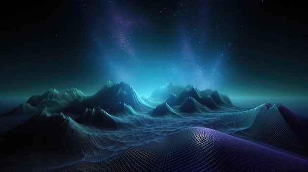 Fondo de espacio de montaña abstracto 3D con paisaje de estructura alámbrica y cielo de nebulosa de galaxia AI generativo AIG21