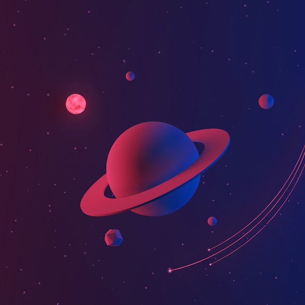 Fondo del espacio o de la galaxia con el planeta y la estrella, ilustración 3d.