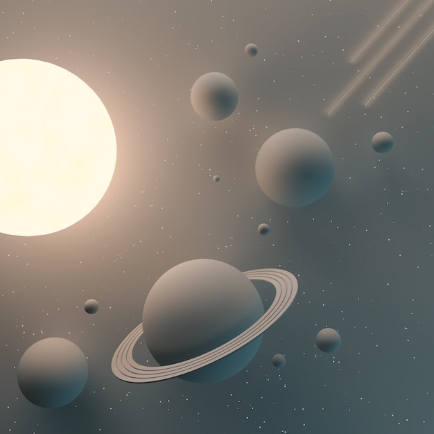 Fondo del espacio o de la galaxia con el planeta y la estrella, ilustración 3d.