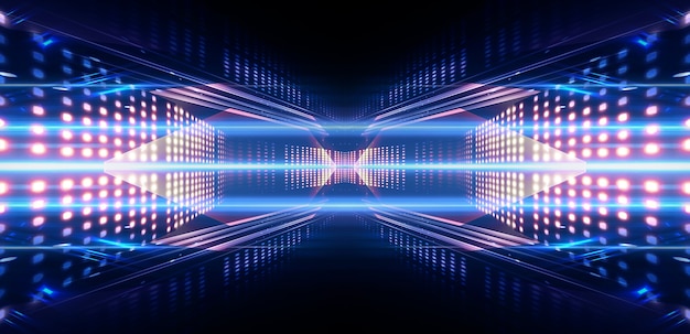 Fondo de espectáculo de escenario vacío. Espectáculo de luz de neón y láser. Formas futuristas láser sobre un fondo oscuro. Luz de neón azul, reflejo simétrico